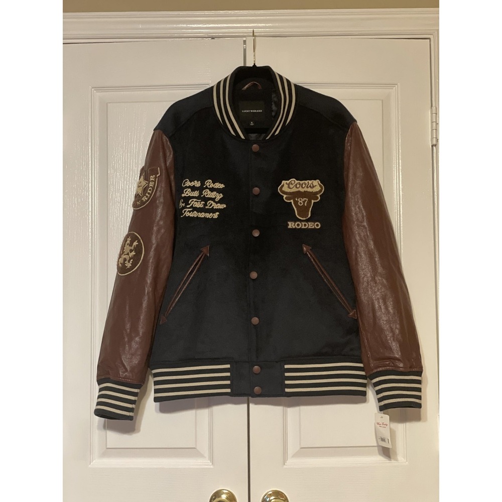 Lucky Brand Jacket Mens XL Blue Coors Rodeo Varsity Leather Sleeves‎ 161300